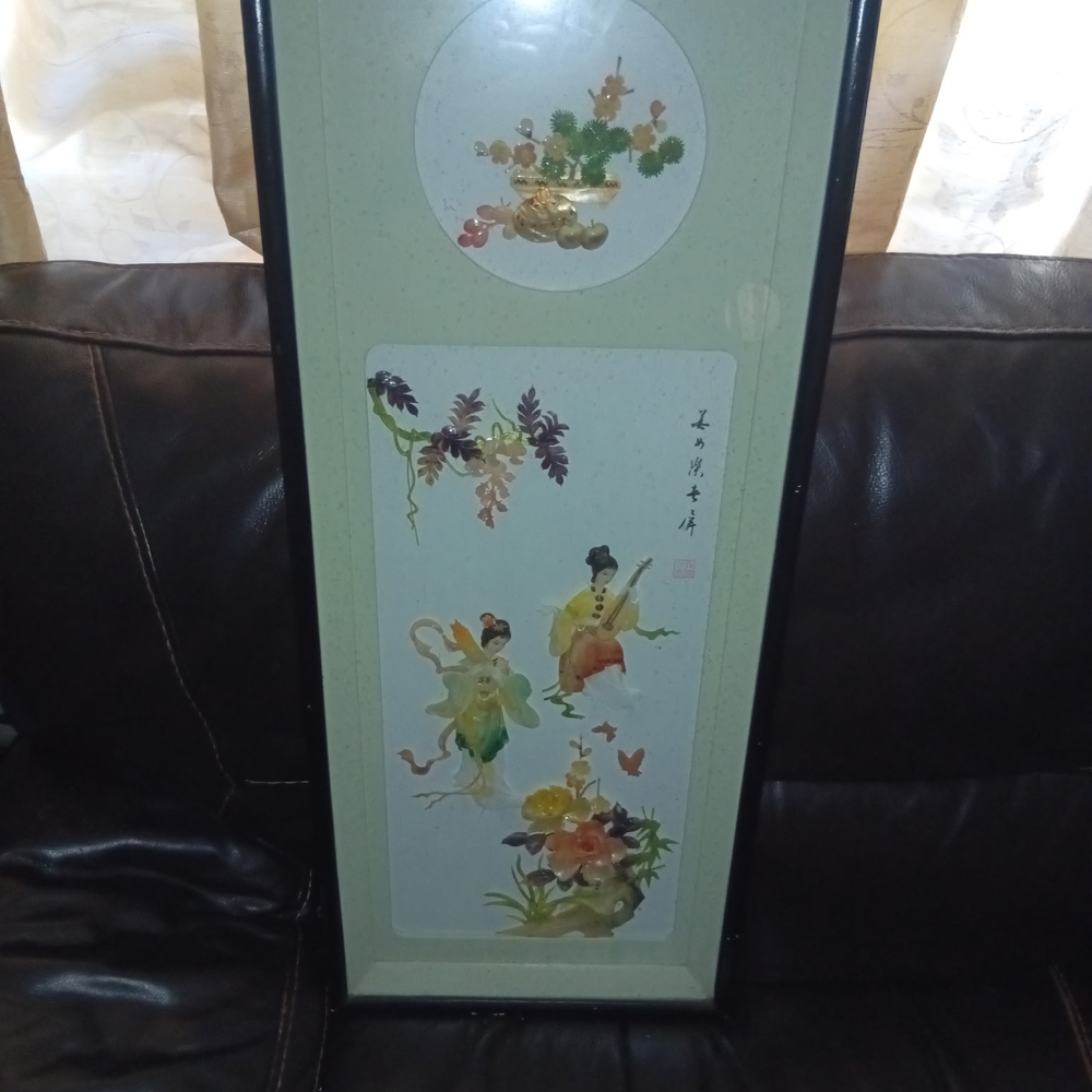 Framed Asian Art Print with Floral and Figurative Design